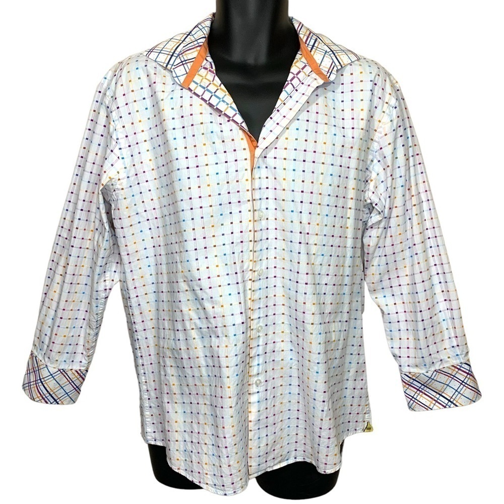 Large Steven Land Trim Fit Mens White Rainbow Casual Button Down Cotton Shirt